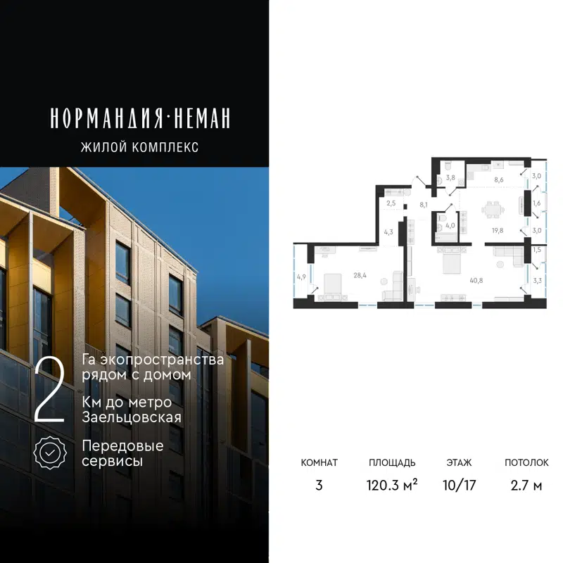 3-комнатная квартира 120.3 м² Нормандия-Неман