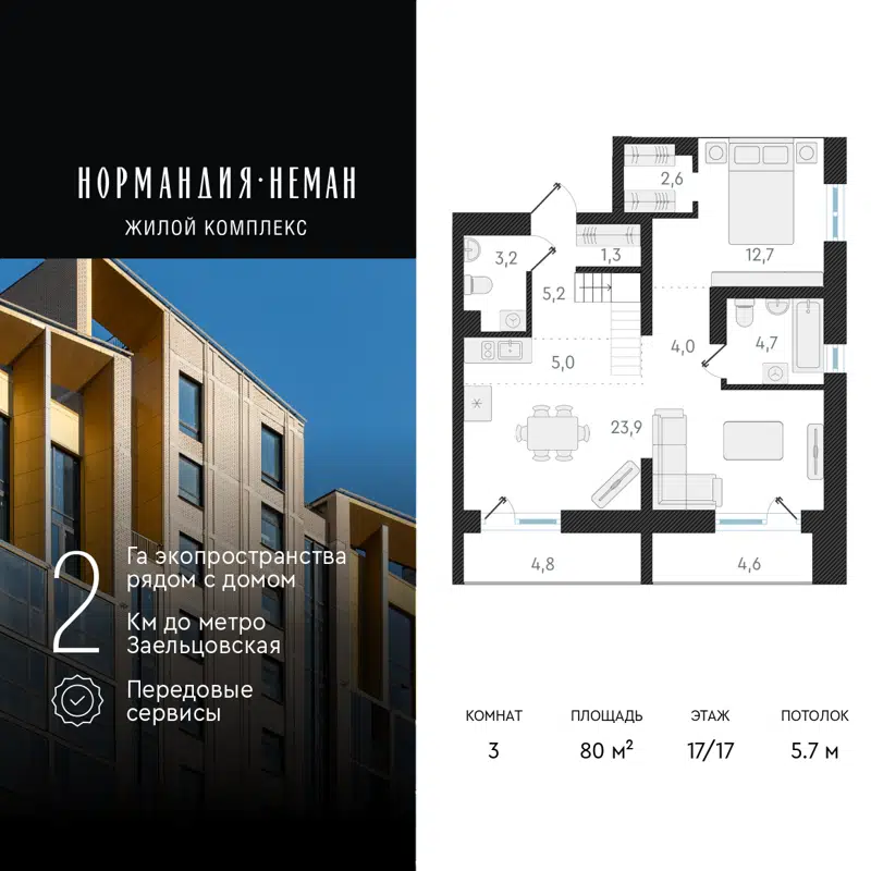 3-комнатная квартира 80 м² Нормандия-Неман