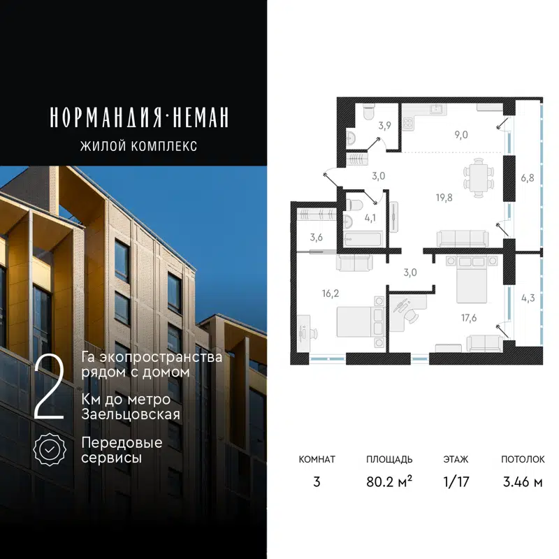 3-комнатная квартира 80.2 м² Нормандия-Неман