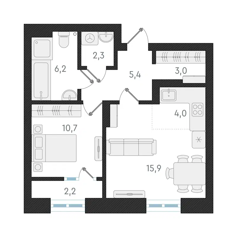 2-комнатная квартира 47.5 м² Русское Солнце