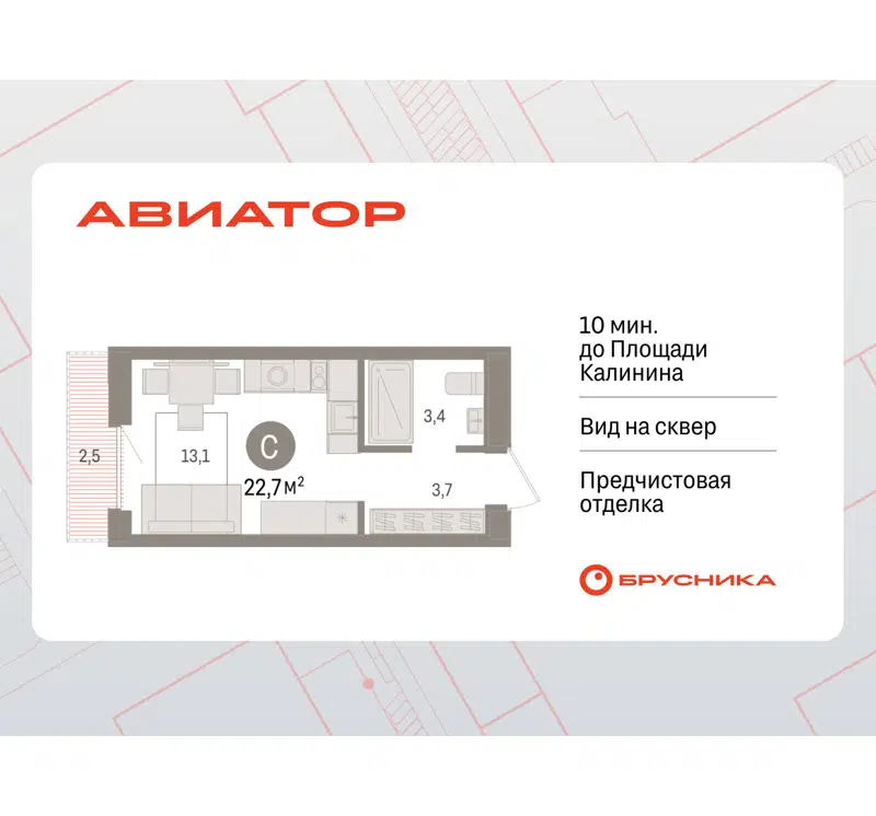 1-комнатная квартира 22.67 м² Авиатор