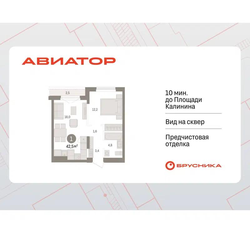 1-комнатная квартира 42.54 м² Авиатор
