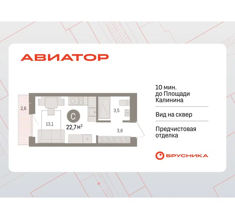 1-комнатная квартира 22.69 м² Авиатор