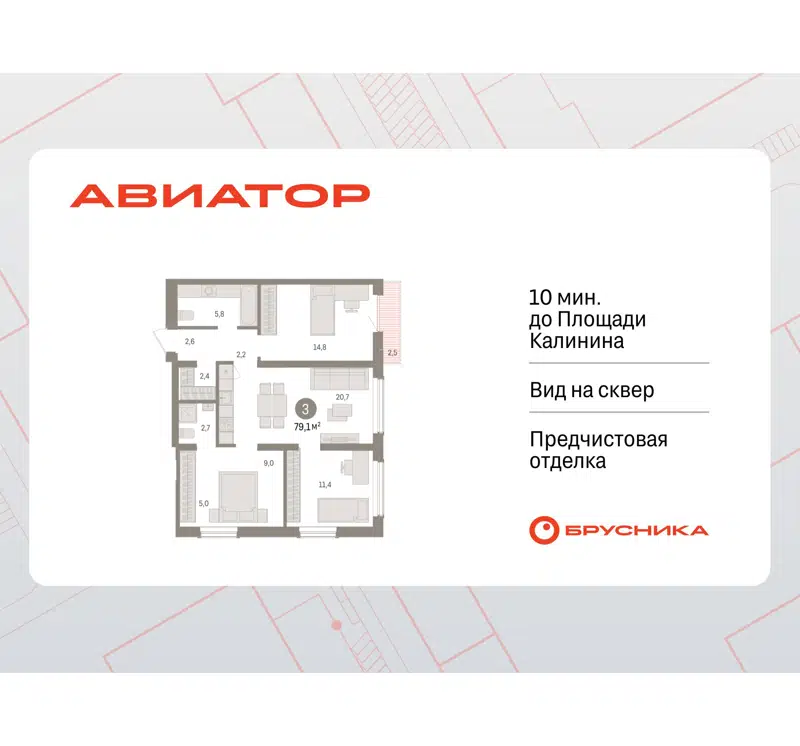 3-комнатная квартира 79.11 м² Авиатор