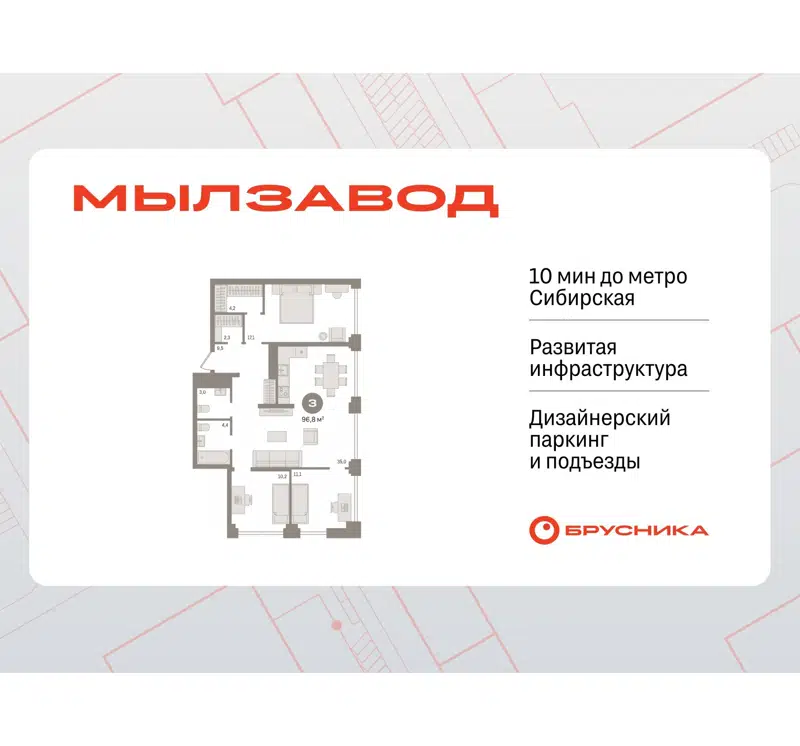 3-комнатная квартира 96.8 м² Мылзавод