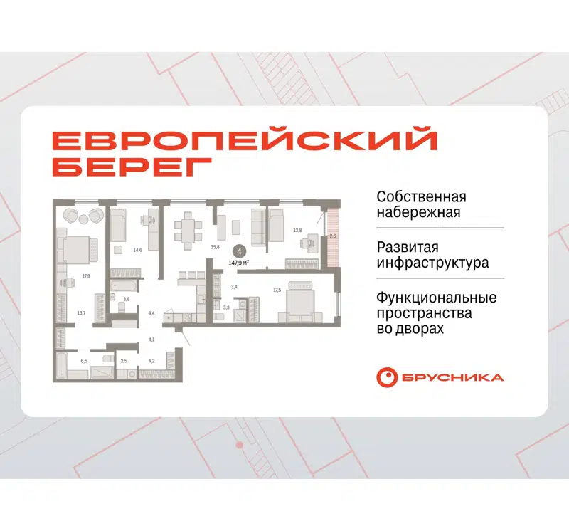 4-комнатная квартира 147.85 м² Европейский берег
