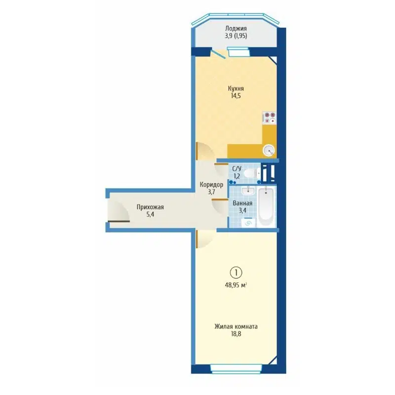 1-комнатная квартира 47.6 м² Софийский квартал