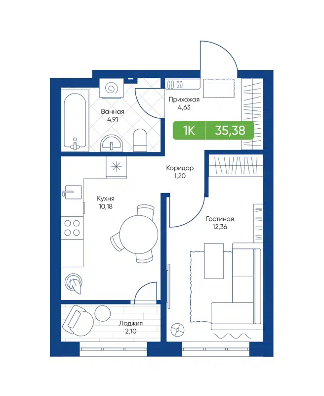 1-комнатная квартира 35.38 м² Биография