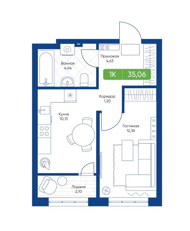 1-комнатная квартира 35.06 м² Биография