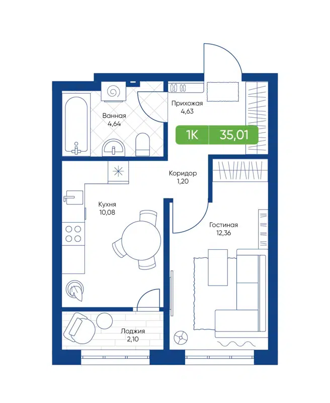 1-комнатная квартира 35.01 м² Биография