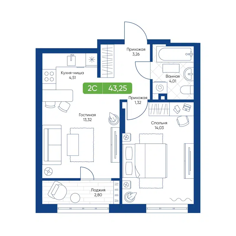 2-комнатная квартира 43.25 м² Биография