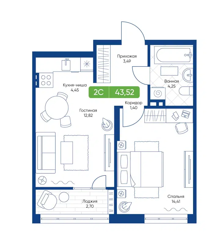 2-комнатная квартира 43.52 м² Биография