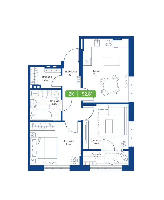 2-комнатная квартира 52.81 м² Биография