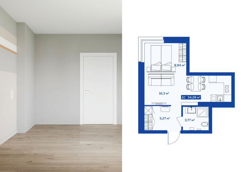 2-комнатные апартаменты 33.73 м² IQ Aparts