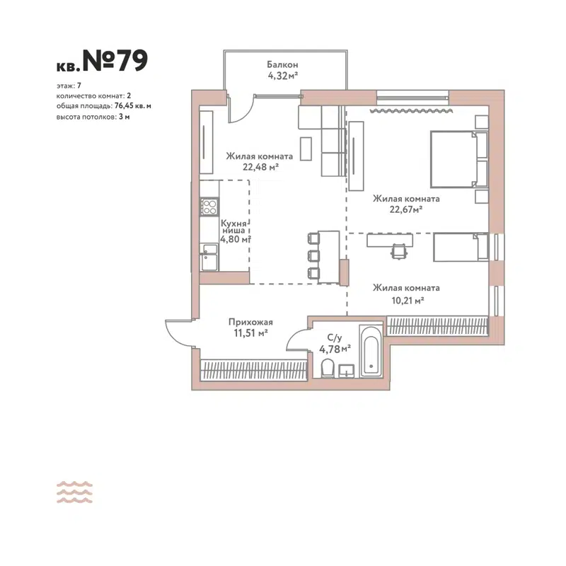 2-комнатная квартира 76.45 м² Флора и Фауна