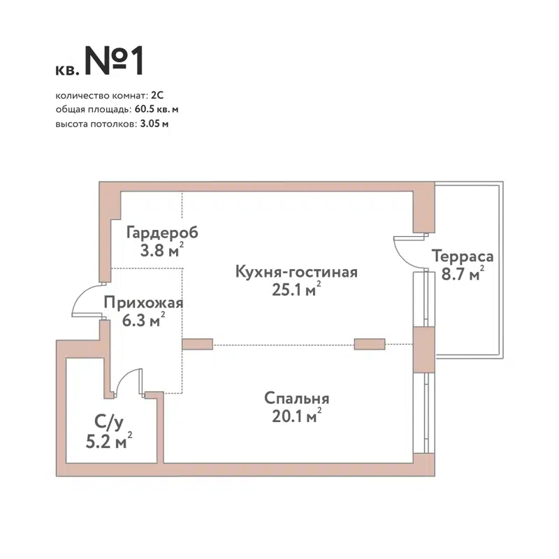 2-комнатная квартира 60.5 м² Флора и Фауна