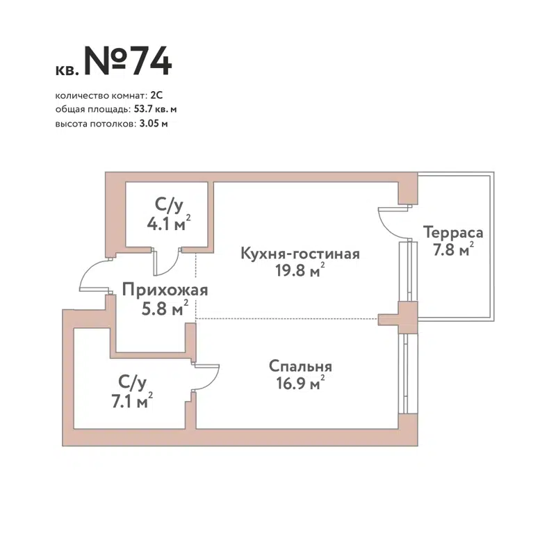 2-комнатная квартира 53.7 м² Флора и Фауна