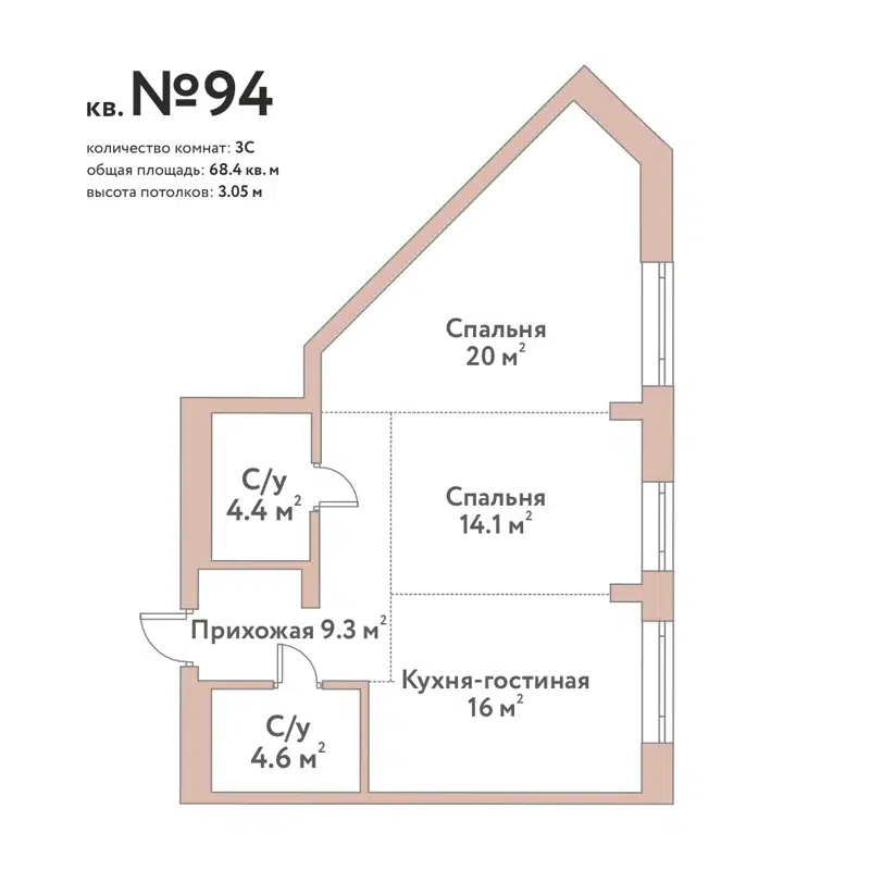 3-комнатная квартира 68.4 м² Флора и Фауна