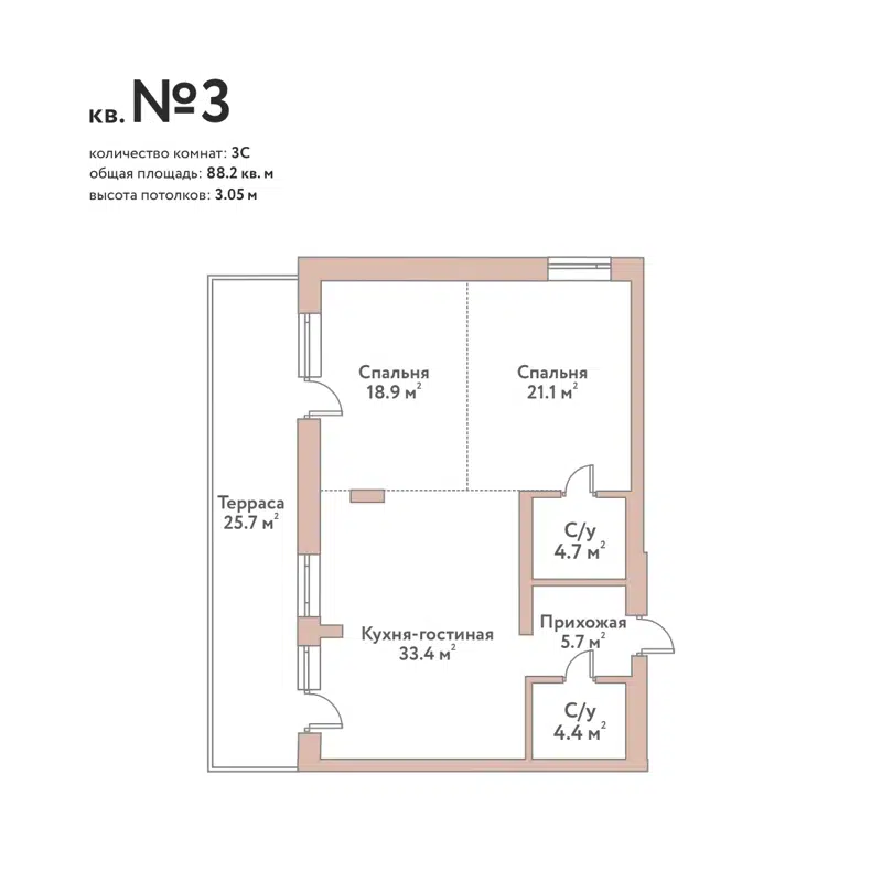 3-комнатная квартира 88.2 м² Флора и Фауна