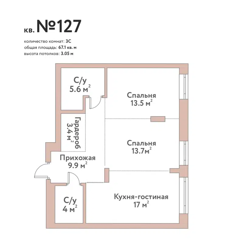 3-комнатная квартира 67.1 м² Флора и Фауна