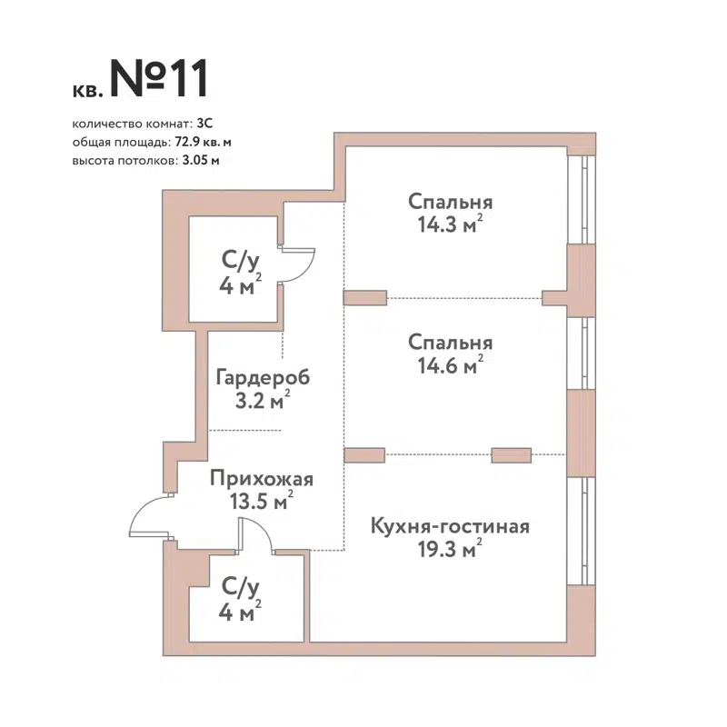 3-комнатная квартира 72.9 м² Флора и Фауна