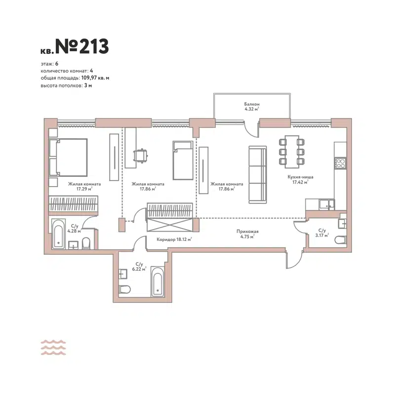 4-комнатная квартира 106.97 м² Флора и Фауна