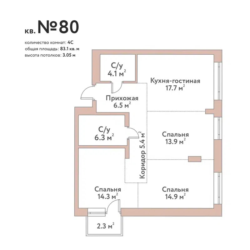 4-комнатная квартира 83.1 м² Флора и Фауна