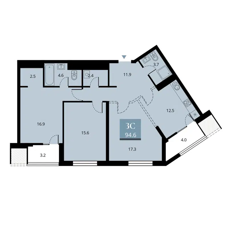 3-комнатная квартира 91 м² Беринг