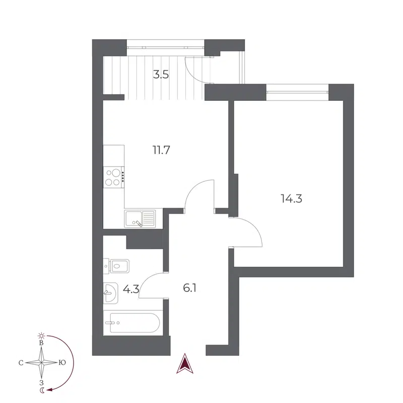 1-комнатная квартира 39.9 м² Оскар