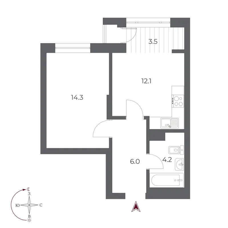 1-комнатная квартира 40.1 м² Оскар