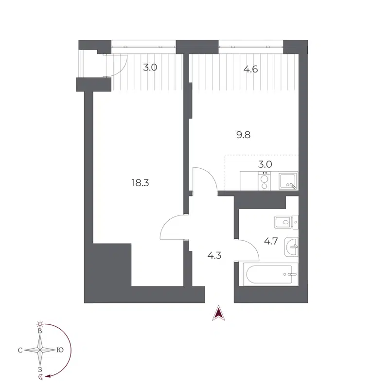 2-комнатная квартира 47.6 м² Оскар