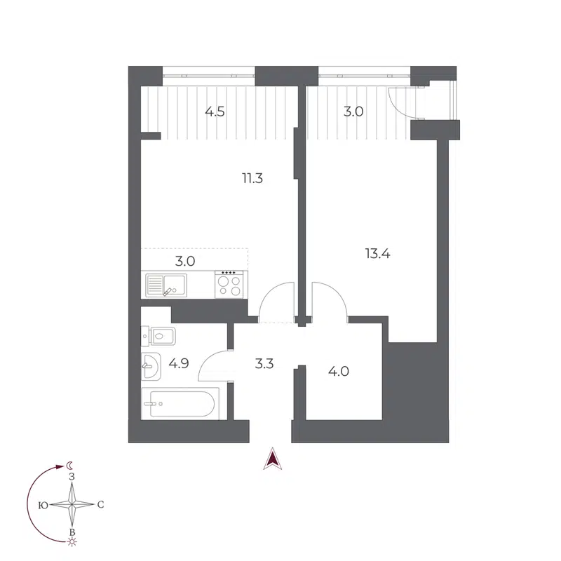 2-комнатная квартира 47.4 м² Оскар