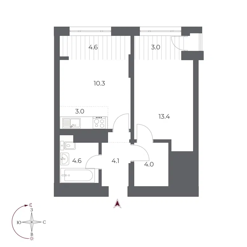 2-комнатная квартира 47 м² Оскар