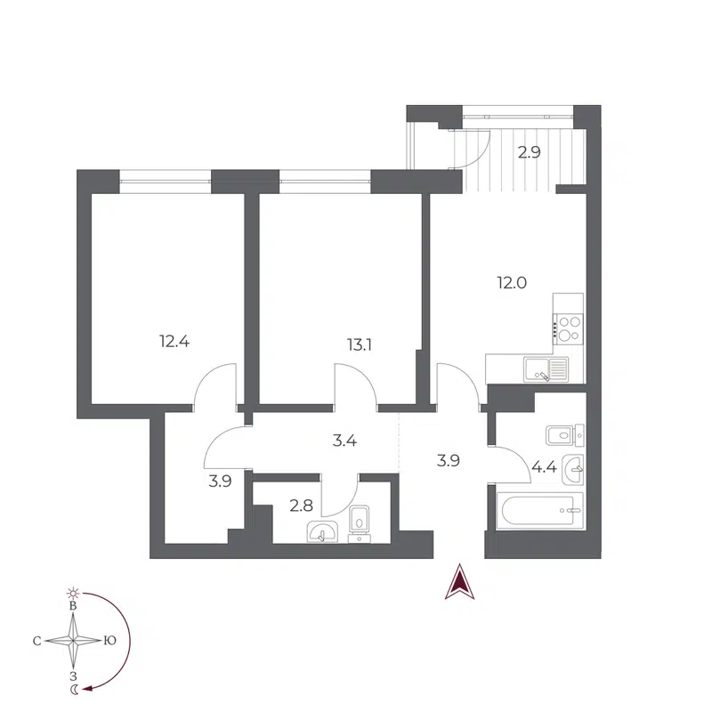 2-комнатная квартира 58.8 м² Оскар