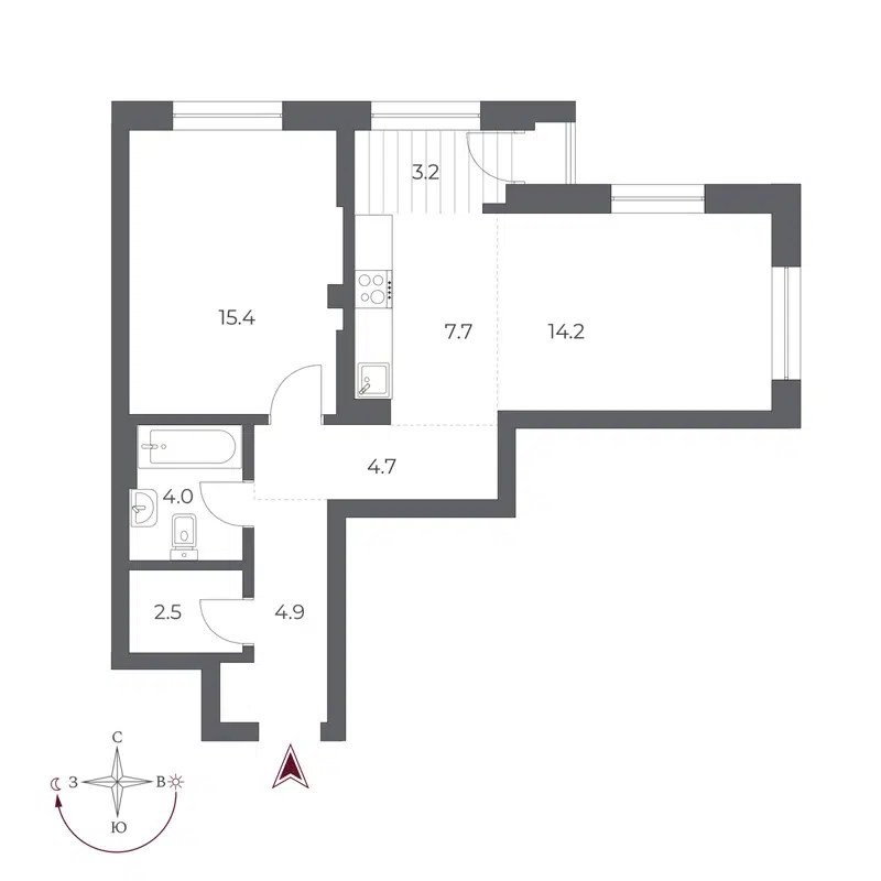 2-комнатная квартира 56.6 м² Оскар