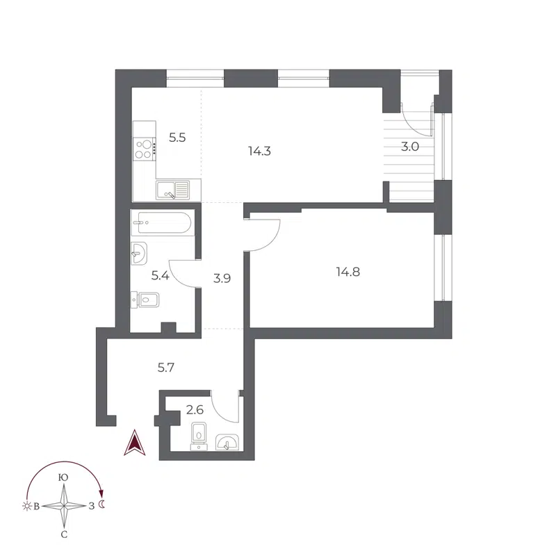 2-комнатная квартира 55.2 м² Оскар