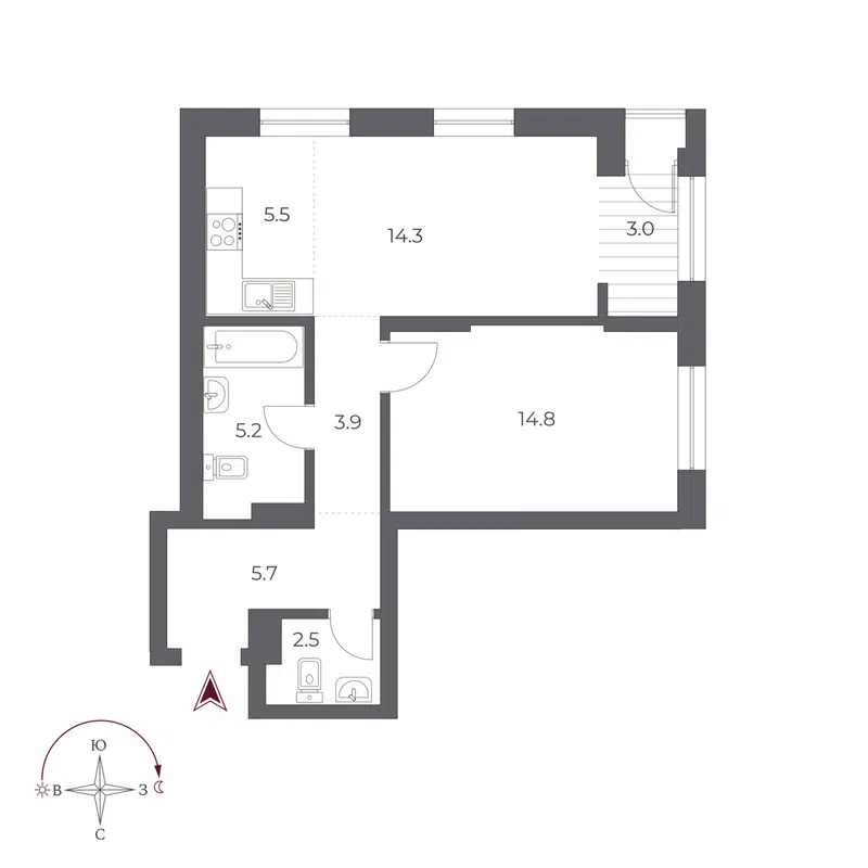 2-комнатная квартира 54.9 м² Оскар