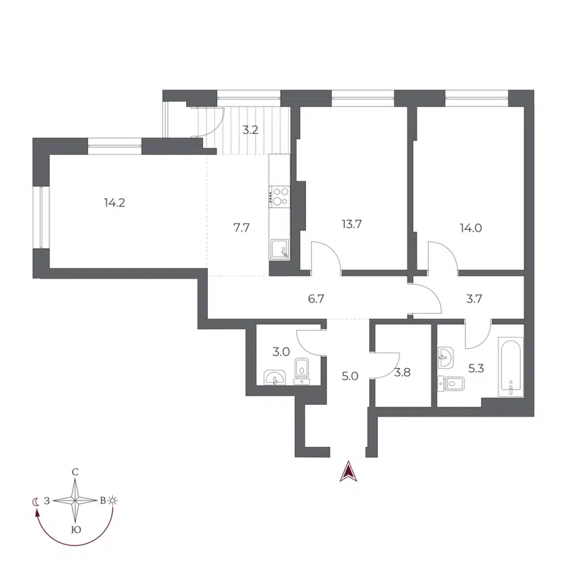 3-комнатная квартира 80.3 м² Оскар