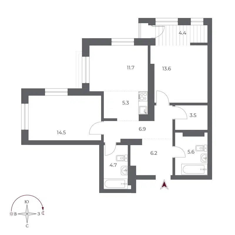 3-комнатная квартира 76.4 м² Оскар