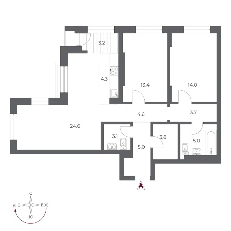 3-комнатная квартира 84.7 м² Оскар