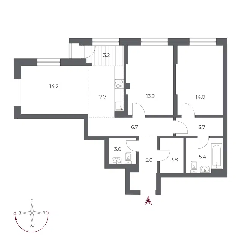 3-комнатная квартира 80.6 м² Оскар