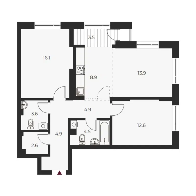 3-комнатная квартира 75.5 м² Оскар