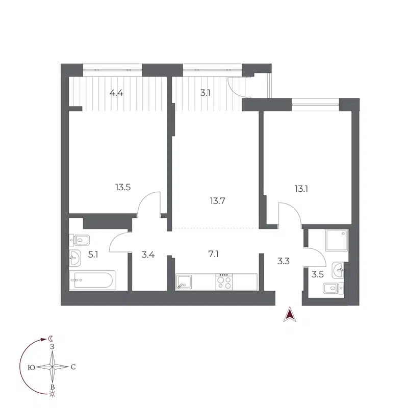 3-комнатная квартира 70.2 м² Оскар