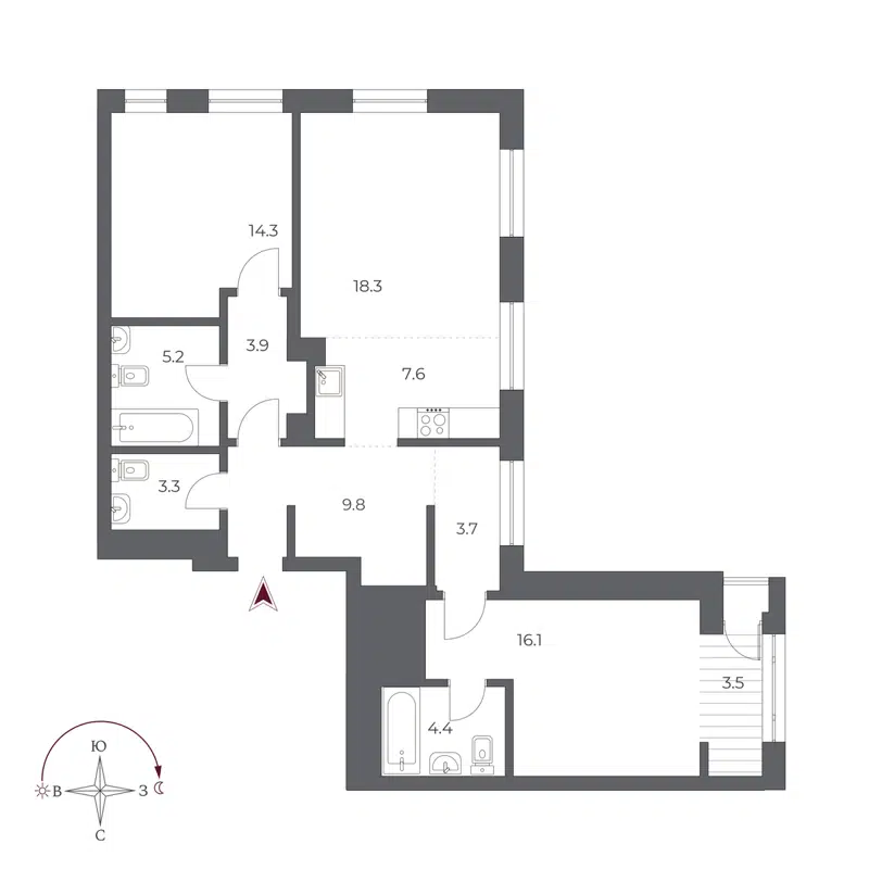 3-комнатная квартира 90.1 м² Оскар