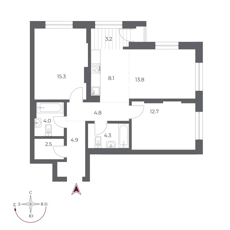 3-комнатная квартира 73.6 м² Оскар