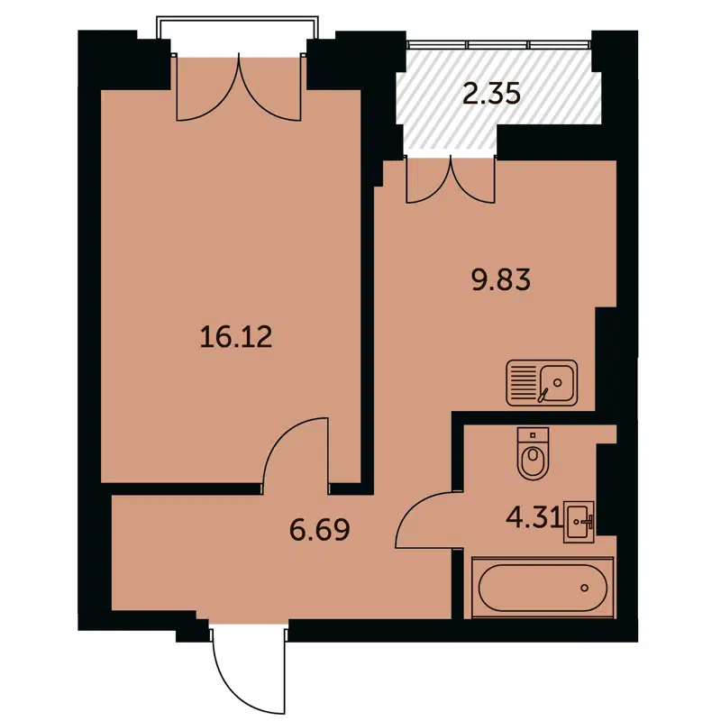 1-комнатная квартира 38.1 м² Академия