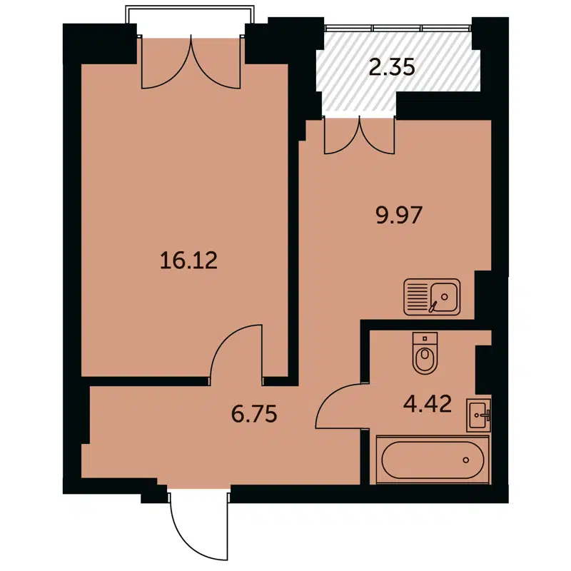 1-комнатная квартира 38.44 м² Академия