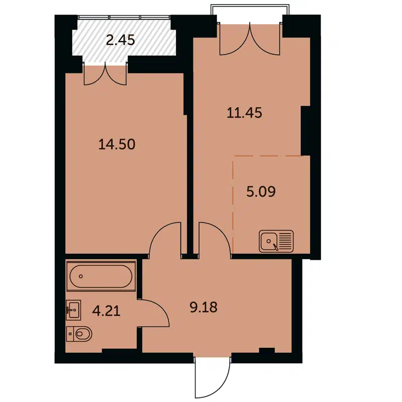 2-комнатная квартира 45.66 м² Академия