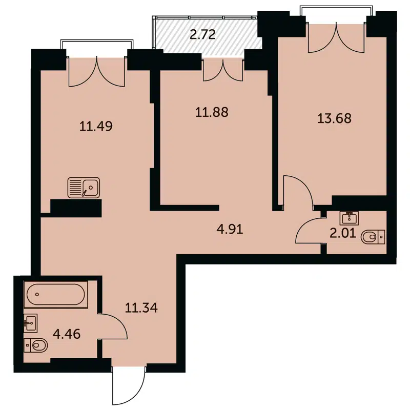 2-комнатная квартира 61.1 м² Академия