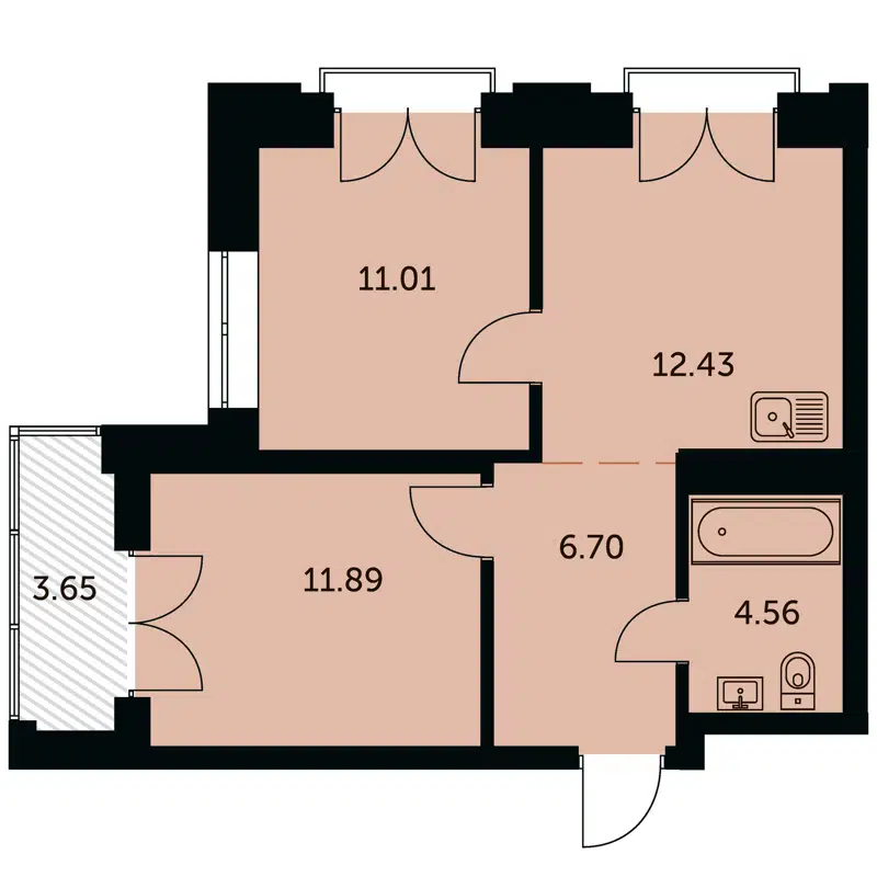 2-комнатная квартира 48.4 м² Академия